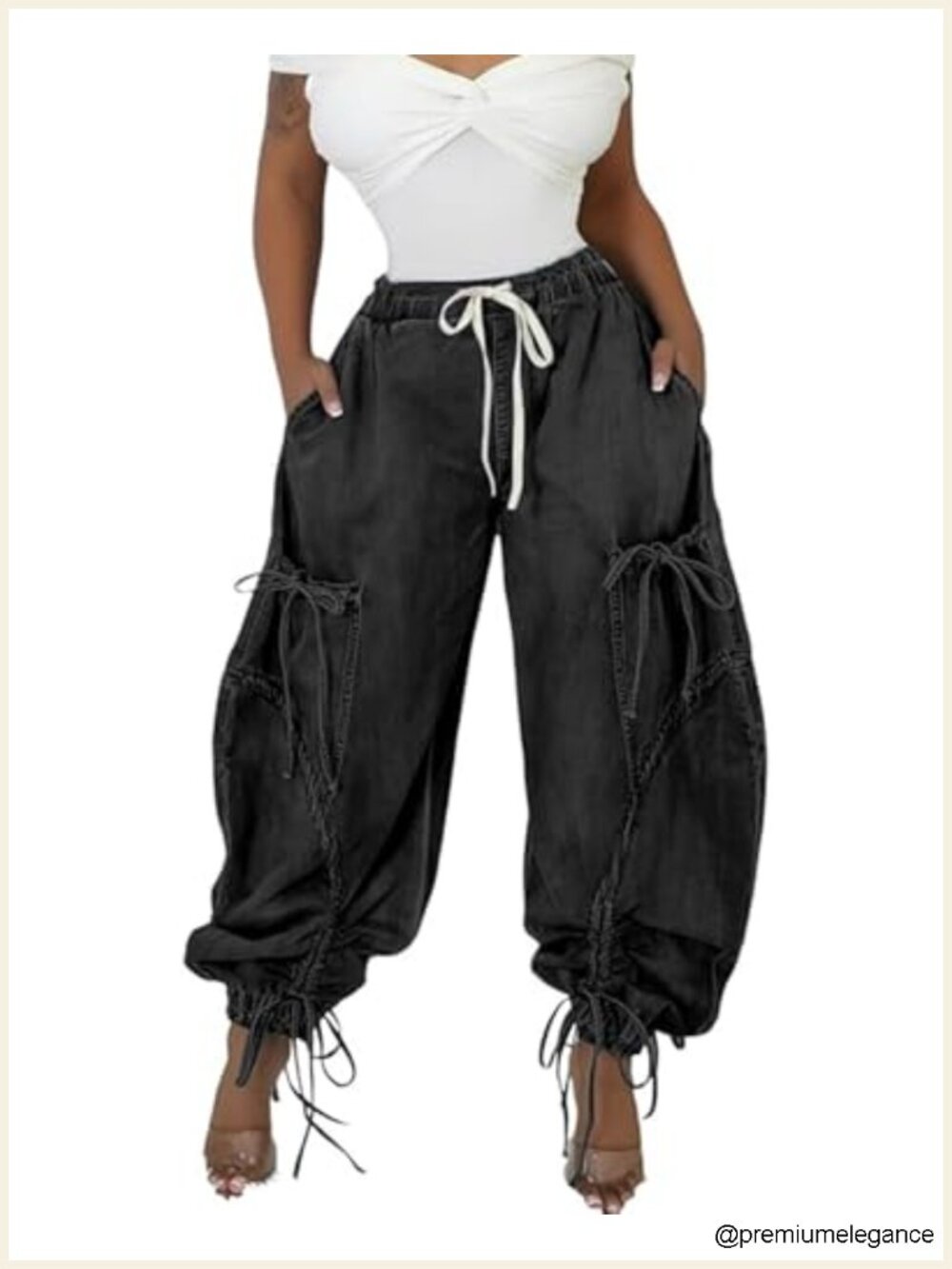 Y2K Women's Drawstring Ankle Tie Cargo Parachute Sweatpant Jeans High Rise Baggy